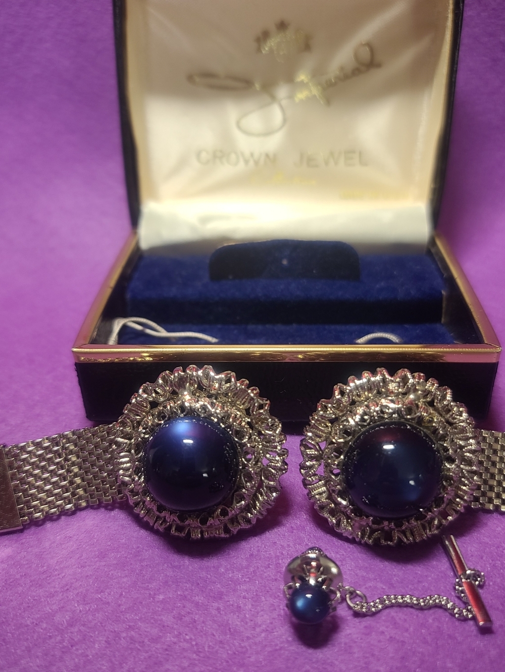 Vintage Collectible Swank Round Blue Cabochon Mesh Cufflinks With Tie Tac NIM